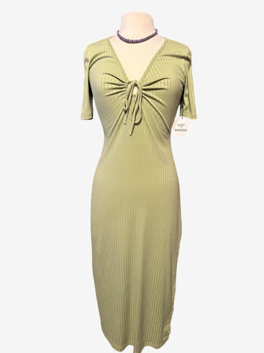 Lost + Wander Green Ribbed Midi Dress Tie Front Short Sleeves & Back Slit Size S